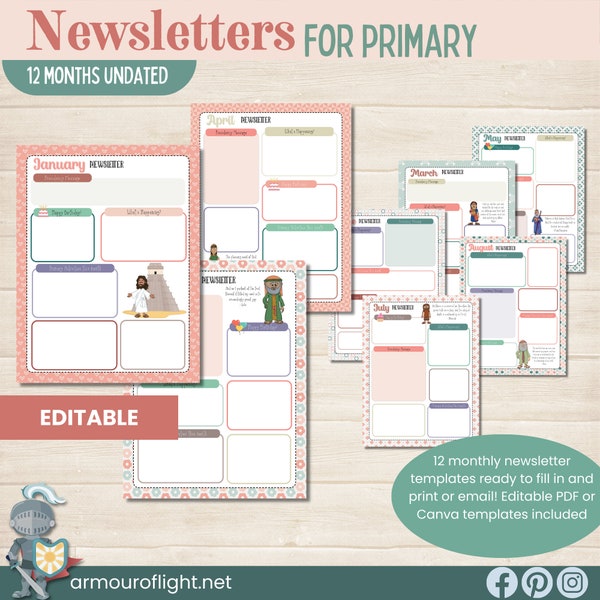 Lettres d'information principales des SDJ, lot de modèles de newsletters mensuelles, thème du Livre de Mormon, Suivez-moi en 2024, modifiable avec Canva, PDF non daté