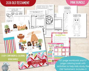 Puede incluir: Un paquete rosa de materiales de estudio para niños con el texto "Come Follow Me FOR KIDS" y "2026 OLD TESTAMENT". Incluye un cuaderno de trabajo, un libro para colorear y pegatinas. La portada del libro tiene un patrón de chevron colorido.
