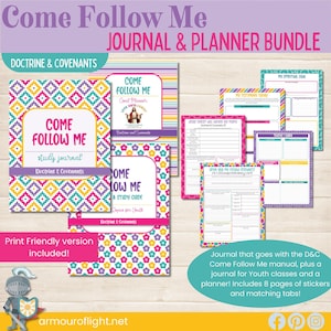 Könnte beinhalten: Ein buntes, druckbares Journal- und Planer-Paket für den Come Follow Me-Studienleitfaden, mit Schwerpunkt auf Lehre und Bündnisse. Das Paket beinhaltet einen Zielplaner, einen Studienleitfaden und ein Journal mit passenden Laschen und Aufklebern.