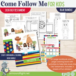May include: A collection of children's study materials, including a workbook, coloring book, and stickers, with the text "Come Follow Me FOR KIDS" and "2026 OLD TESTAMENT". The materials feature illustrations and activities for studying the Old Testament.