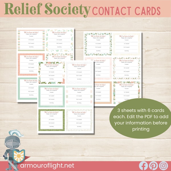 Relief Society Presidency Contact Cards, Women's Calling Cards, Editable Contact Information Handouts, Relief Society Ministering Helps