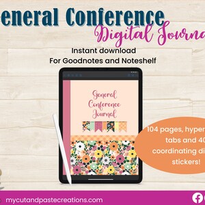 May include: A digital journal for Goodnotes and Noteshelf with a floral design. The journal has 104 pages, hyperlinked tabs, and 40 coordinating digital stickers. The journal is displayed on a tablet with a stylus.