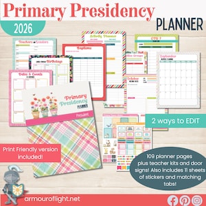 Puede incluir: Un conjunto de planificadores coloridos para 2026, con varias páginas de planificación, incluyendo un calendario, un planificador de actividades y páginas para cumpleaños y eventos. El conjunto incluye pegatinas, pestañas y kits para profesores. La portada tiene un diseño floral.