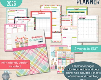 Könnte beinhalten: Ein farbenfrohes Planerset für 2026 mit verschiedenen Planungsseiten, darunter ein Kalender, ein Aktivitätsplaner und Seiten für Geburtstage und Veranstaltungen. Das Set enthält Aufkleber, Registerkarten und Lehrer-Kits. Das Cover hat ein Blumendesign und den Text "Primary Presidency Planner".
