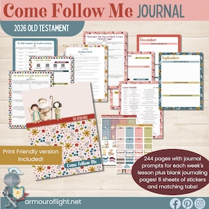 May include: A "Come Follow Me Journal" for the 2026 Old Testament. The journal includes 244 pages with prompts, blank journaling pages, 6 sheets of stickers, and matching tabs. The cover features floral patterns and illustrations.