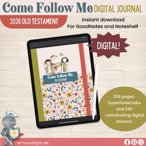 Puede incluir: Un diario digital en una tableta con el texto "Come Follow Me" y "2026 Old Testament". El diario presenta un diseño floral e ilustraciones de figuras bíblicas. Incluye 208 páginas, pestañas con hipervínculos y 246 pegatinas digitales.