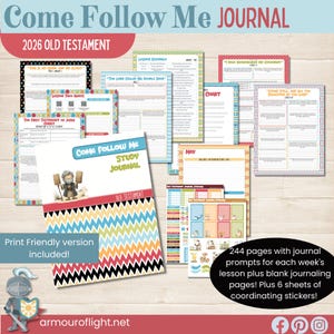 Puede incluir: Un conjunto de diarios de estudio y pegatinas con el texto "Come Follow Me JOURNAL" y "2026 OLD TESTAMENT". La portada del diario presenta un patrón de chevron colorido y una ilustración. El conjunto incluye 244 páginas de indicaciones y 6 hojas de pegatinas.