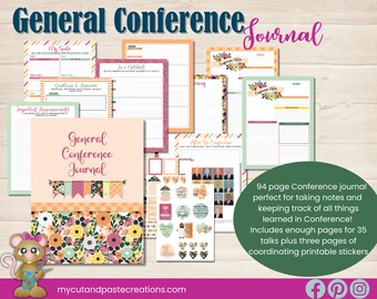 Könnte beinhalten: Ein rosa-oranger, floral gemusterter Journal-Umschlag mit dem Text "General Conference Journal" in einem weißen Banner. Das Journal ist umgeben von Seiten mit floralen Designs und einer Maus, die eine Schere hält. Der Text "94-seitiges Konferenz-Journal, perfekt zum Notieren und Verfolgen aller Dinge, die in der Konferenz gelernt wurden! Enthält genügend Seiten für 35 Vorträge plus drei Seiten mit passenden bedruckbaren Aufklebern" befindet sich in der rechten unteren Ecke.