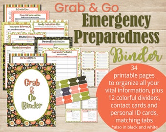 May include: A printable "Grab & Go Binder" for emergency preparedness. The binder features 34 pages to organise vital information, 12 colourful dividers, contact cards, personal ID cards, and matching tabs. The design is a floral pattern with green, orange, and black colours.