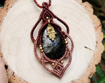Obsidian necklace talisman handmade unique energetic hand of fatima