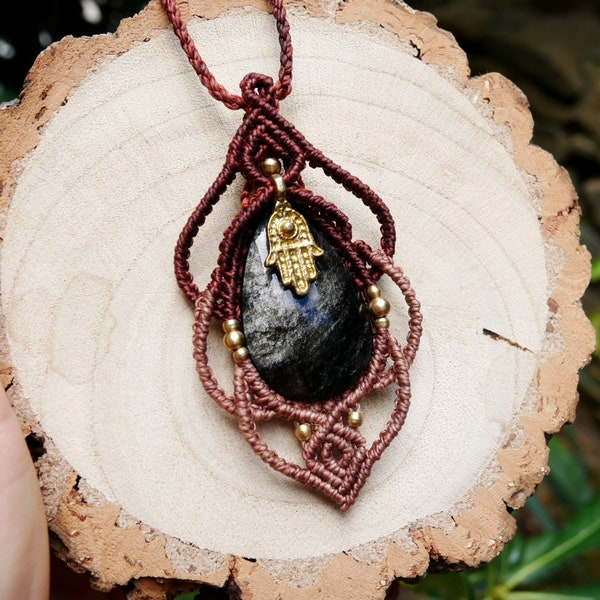 Collier Obsidienne talisman fait main unique énergétique  main de fatma