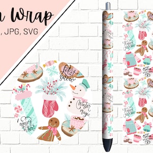 May include: A pen wrap design featuring a winter theme with illustrations of snowmen, mittens, gingerbread people, hot cocoa, and candy canes. The design includes the text "Let it snow", "Winter magic", and "Happy Winter".