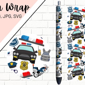 May include: A pen wrap design featuring a repeating pattern of police cars, badges, handcuffs, and motorcycle helmets. The design is on a white background with blue and red accents.