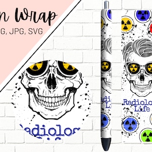 May include: A black and white skull with yellow radiation symbols for eyes, wearing sunglasses. The skull is surrounded by black and white splatters and the text "Radiology Life".