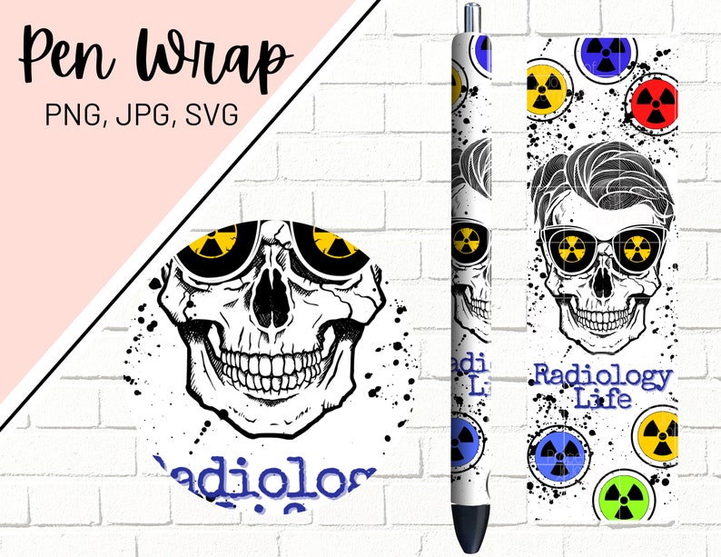 May include: A black and white skull with yellow radiation symbols for eyes, wearing sunglasses. The skull is surrounded by black and white splatters and the text "Radiology Life".