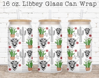 Western Glass Can Wrap, Highland Cow Can Wrap, Can Glass Wrap PNG, 16 oz Glass Can Wrap, Glass Can Sublimation Wrap, Coffee Beer Can Glass