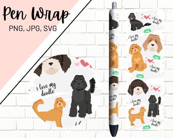 May include: A pen wrap design featuring a repeating pattern of doodle dogs in various colors and poses. The text "I love my doodle" is repeated throughout the design.
