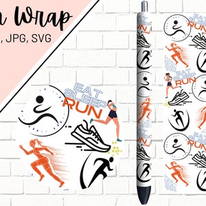 May include: A white pen wrap with a repeating pattern of a runner, a clock with the text "Eat Sleep Run", and a running shoe. The pattern is in black, orange, and blue.
