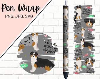 May include: A pen wrap design with illustrations of Australian Shepherds, accompanied by the text "I love my Australian Shepherd." The design includes a pen and a matching pattern. The background is a light grey with pink accents.