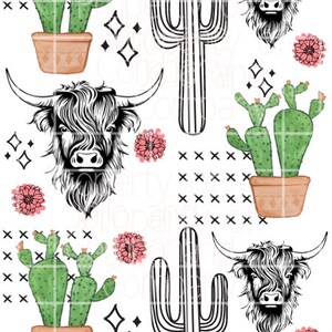 May include: A seamless pattern featuring black and white illustrations of a Highland cow, cacti, and pink flowers. The background is white.