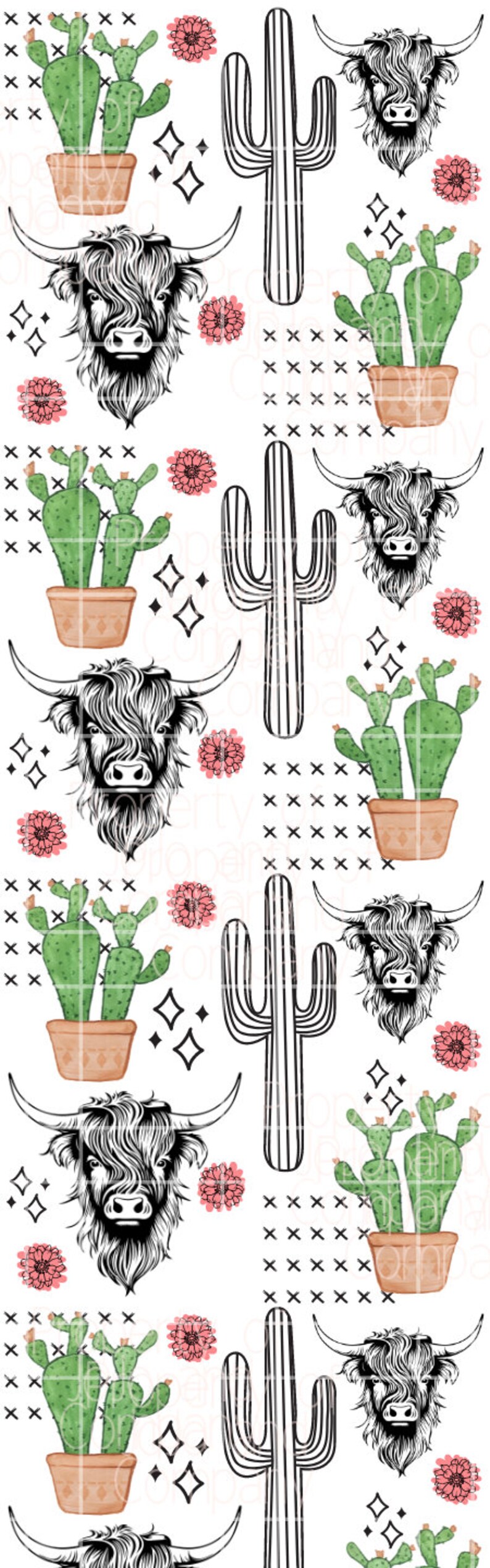 May include: A seamless pattern featuring black and white illustrations of a Highland cow, cacti, and pink flowers. The background is white.