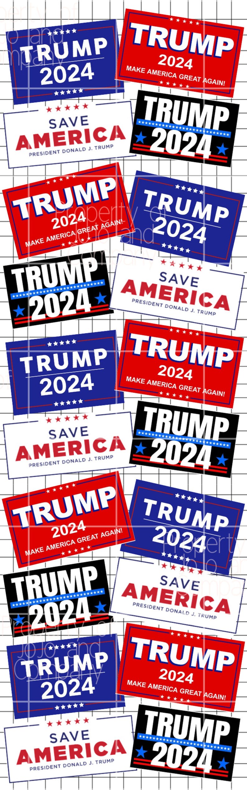 Pu&ograve; includere: Un collage di 12 cartelli di campagna politica con il testo "Trump 2024" in vari colori e design. Alcuni cartelli includono lo slogan "Make America Great Again!" e "Save America".