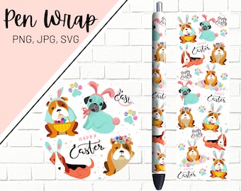 May include: A pen wrap design featuring a white background with a repeating pattern of cartoon dogs wearing bunny ears and holding Easter eggs. The text "Happy Easter" appears multiple times on the design.