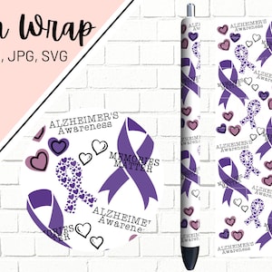 May include: Purple ribbon with hearts and the text "Alzheimer's Awareness" and "Memories Matter" on a white background. This design is for a pen wrap.