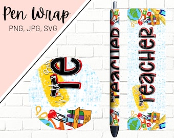 May include: A pen wrap design featuring a blue and yellow background with a variety of school-themed icons, including a globe, pencils, crayons, and a ruler. The text "World's Best Teacher" is written in black and red letters.