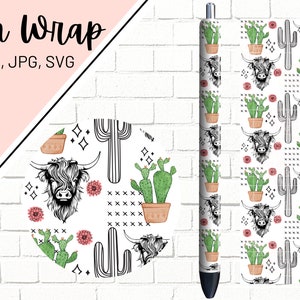 Country Western Pen Wrap, Cactus Pen Wrap, Desert Pen Wrap, Highland Cow Pen Wrap, Boho Pen Wrap, Inkjoy Pen Wrap Pen Wrap PNG
