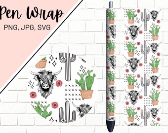 Country Western Pen Wrap, Cactus Pen Wrap, Desert Pen Wrap, Highland Cow Pen Wrap, Boho Pen Wrap, Inkjoy Pen Wrap Pen Wrap PNG