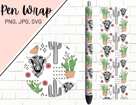 Country Western Pen Wrap, Cactus Pen Wrap, Desert Pen Wrap, Highland Cow Pen Wrap, Boho Pen Wrap, Inkjoy Pen Wrap Pen Wrap PNG