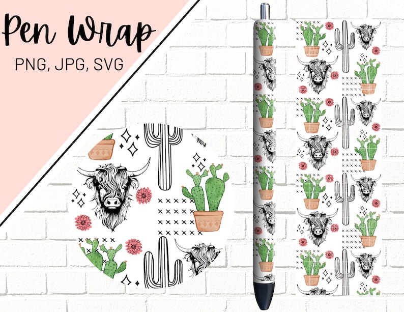 May include: A white pen wrap with a repeating pattern of black and white cactus, pink flowers, and a brown highland cow head. The pen wrap is designed for a standard-sized pen.