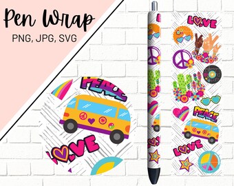 May include: A pen wrap design featuring a yellow school bus with peace signs, hearts, and the word "Peace" in a rainbow font. Other elements include a peace sign, flowers, sunglasses, and the word "Love" in pink and white.