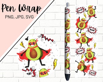 May include: A pen wrap design featuring a repeating pattern of avocado superheroes wearing red capes and masks. The avocados have different expressions and poses, and the design includes various comic book-style speech bubbles with words like "Kapow!" and "Super!"