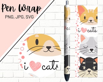 May include: A pen wrap design featuring a repeating pattern of cute cartoon cats with the text "i love cats". The design is in pink, white, grey, black, and yellow.