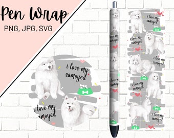 May include: A digital pen wrap design featuring a white Samoyed dog with the text "I love my Samoyed" repeated throughout the design. The design is on a grey background with pink hearts and green bones.