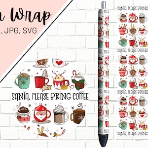 May include: A white pen wrap with a repeating pattern of red and green Christmas-themed mugs, Santa Claus, and the text "SANTA, PLEASE BRING COFFEE".