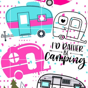 May include: A digital illustration of a repeating pattern of pink and blue camper vans with the text "I'd rather be camping" and "Eat, sleep, camp, repeat".
