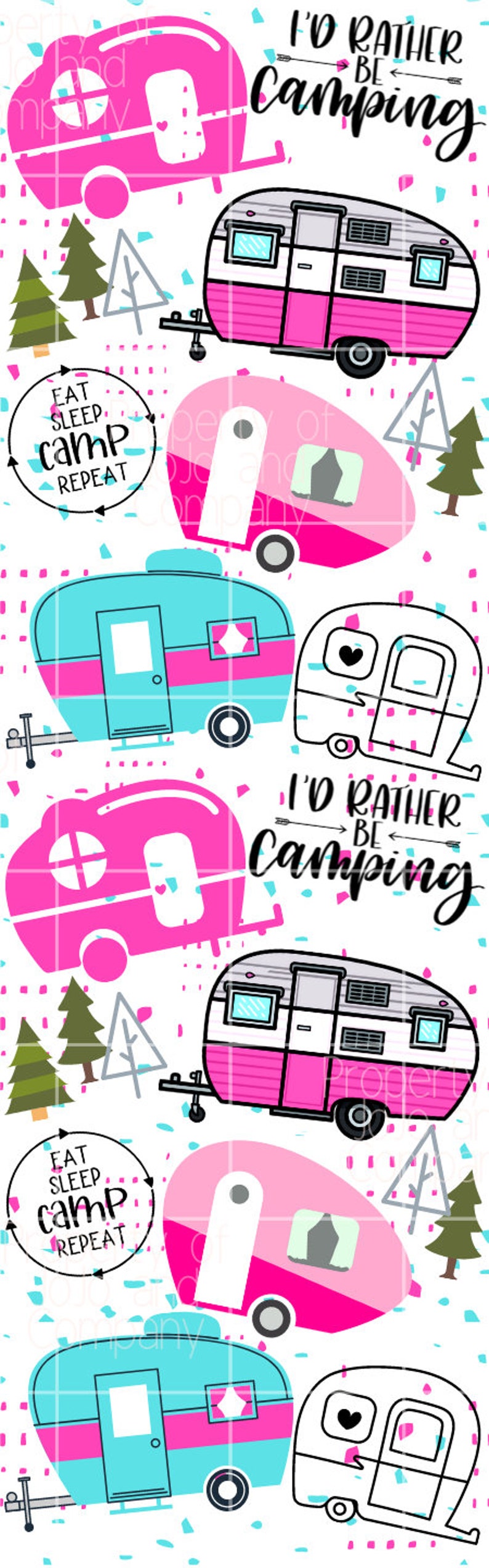 May include: A digital illustration of a repeating pattern of pink and blue camper vans with the text "I'd rather be camping" and "Eat, sleep, camp, repeat".