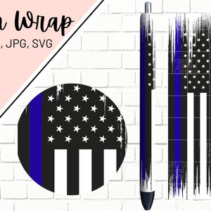 May include: A digital design for a pen wrap featuring a distressed American flag with a blue police stripe. The design is in black, white, and blue.
