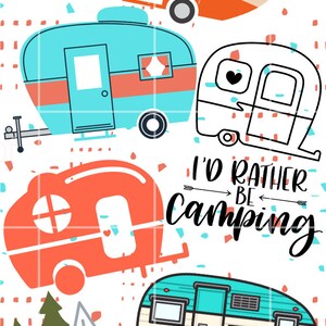 May include: A digital printable design featuring a repeating pattern of vintage camper trailers, trees, and the text "I'd rather be camping" and "Eat, sleep, camp, repeat".
