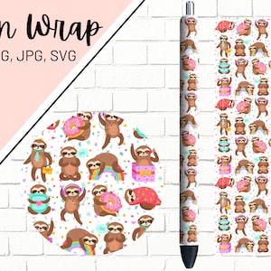 May include: A white pen wrap with a repeating pattern of sloths wearing sunglasses, holding doughnuts, and relaxing in gift boxes. The sloths are surrounded by rainbows, confetti, and hearts.