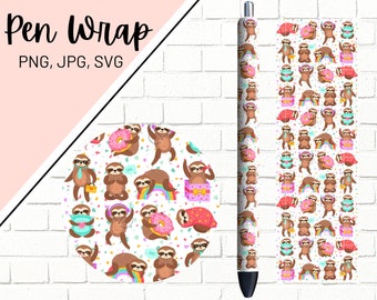 Sloth Pen Wraps, Sloth Pen Wrap, Glitter Pen Wrap, Pen Wrap For Girls, Epoxy Pen Wrap, Animal Pen Wrap, Pen Wrap PNG, Pen Wrap Waterslide