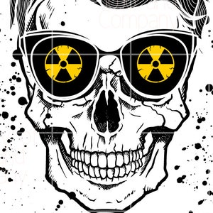 May include: A black and white illustration of a skull wearing sunglasses with yellow radiation symbols. The background is white with black splatters of paint. The text "Radiology Life" is written in blue below the skull.