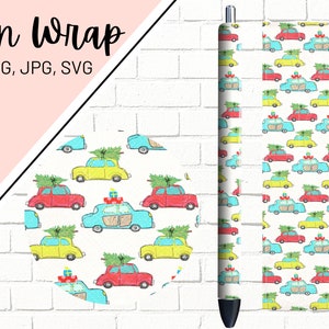 May include: A digital pen wrap design featuring a repeating pattern of red, yellow, blue, and green cars with Christmas trees on top. The cars are driving on a white background.
