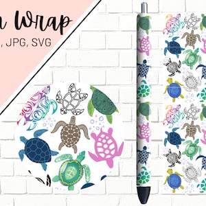 May include: A pen wrap design featuring a repeating pattern of colourful and black and white sea turtles on a white background. The design includes a variety of turtle shapes and sizes, with some turtles having a more detailed pattern than others.