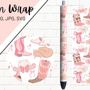 May include: A pen wrap design featuring a repeating pattern of pink cowboy boots, hats with pink bows, and pink and white polka dots on a white background.