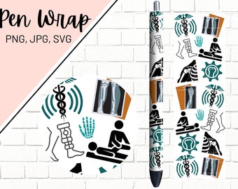 Könnte beinhalten: Ein Stift-Wickeldesign mit einem sich wiederholenden Muster aus medizinischen Symbolen, Röntgenbildern und medizinischen Geräten. Das Design ist in Schwarz, Weiß und Türkis.