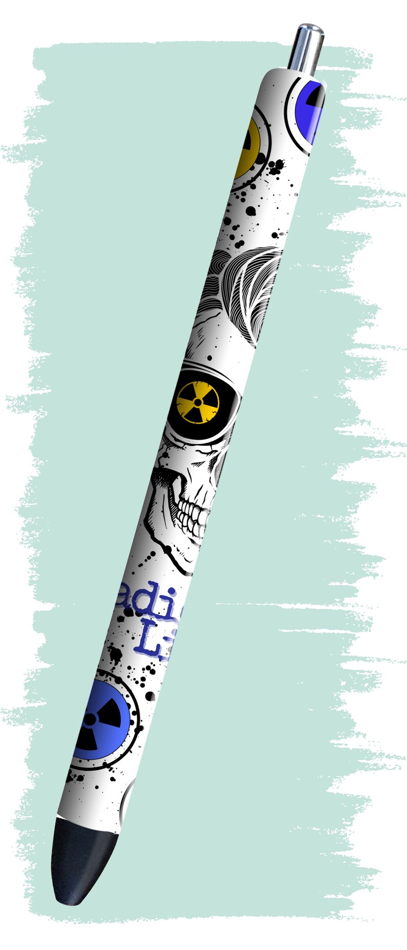 May include: A white pen with a black skull and crossbones design, blue and yellow accents, and the text "Radioactive" in blue.